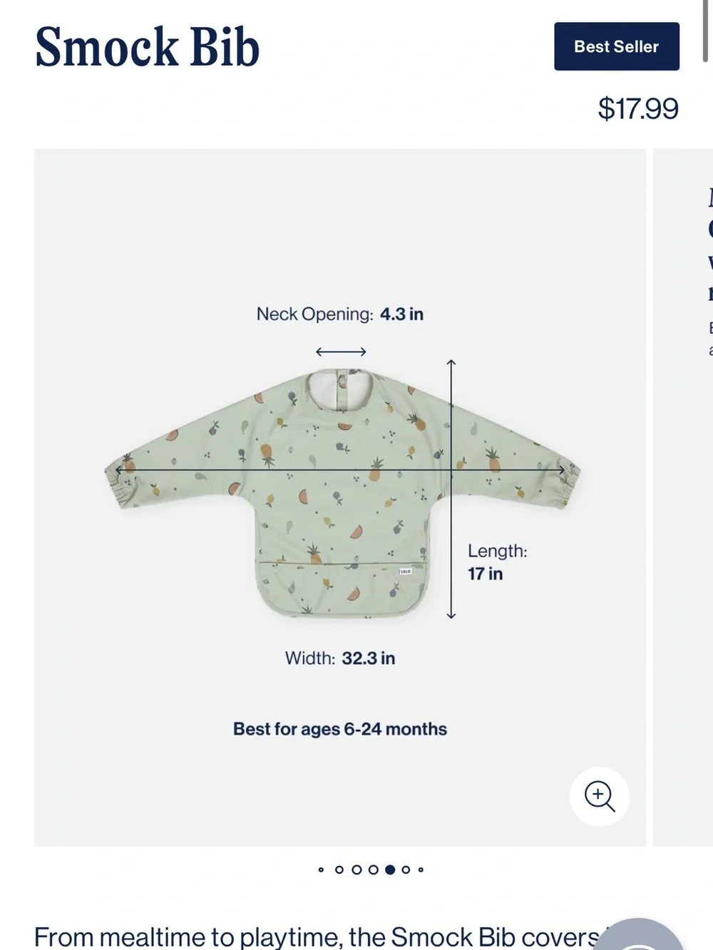 Long-Sleeve Smock Bib in Sage Green with Fruit Print